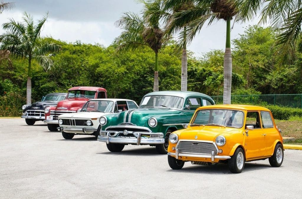 A lineup of classic cars.