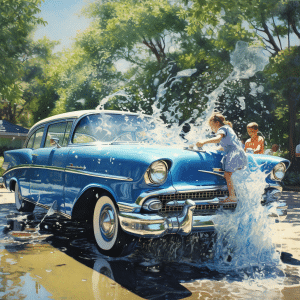 Blue 1957 Chevy being washed